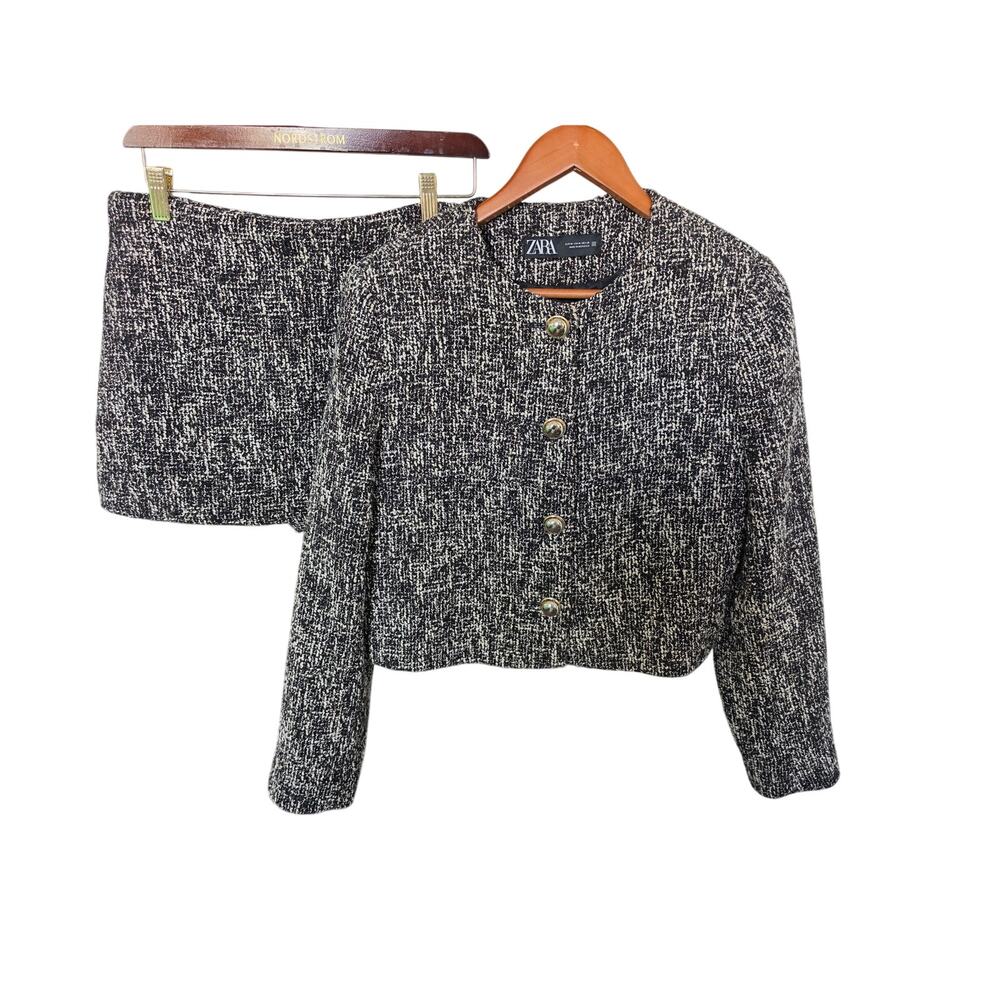 Zara Textured Weave Blazer and Skort Set Gold Button Size M